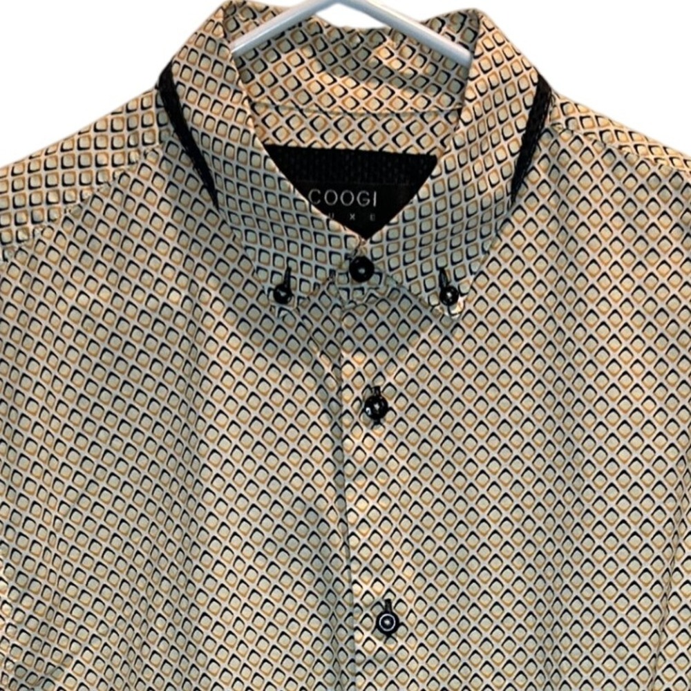 Coogi Luxe Yellow Blue‎ Geometric Print Button Down Shirt - Long Sleeve Men's XL